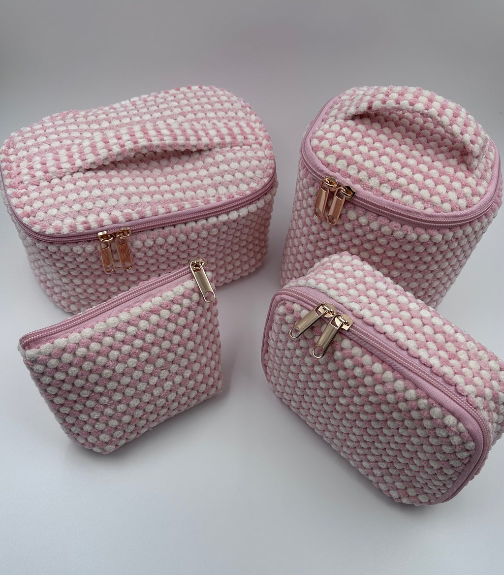 💗🤍 Pink & White Makeup Bag Set – 4-Piece Travel Set