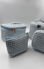 💙🤍 Light Blue & White Makeup Bag Set – 4-Piece Travel Set