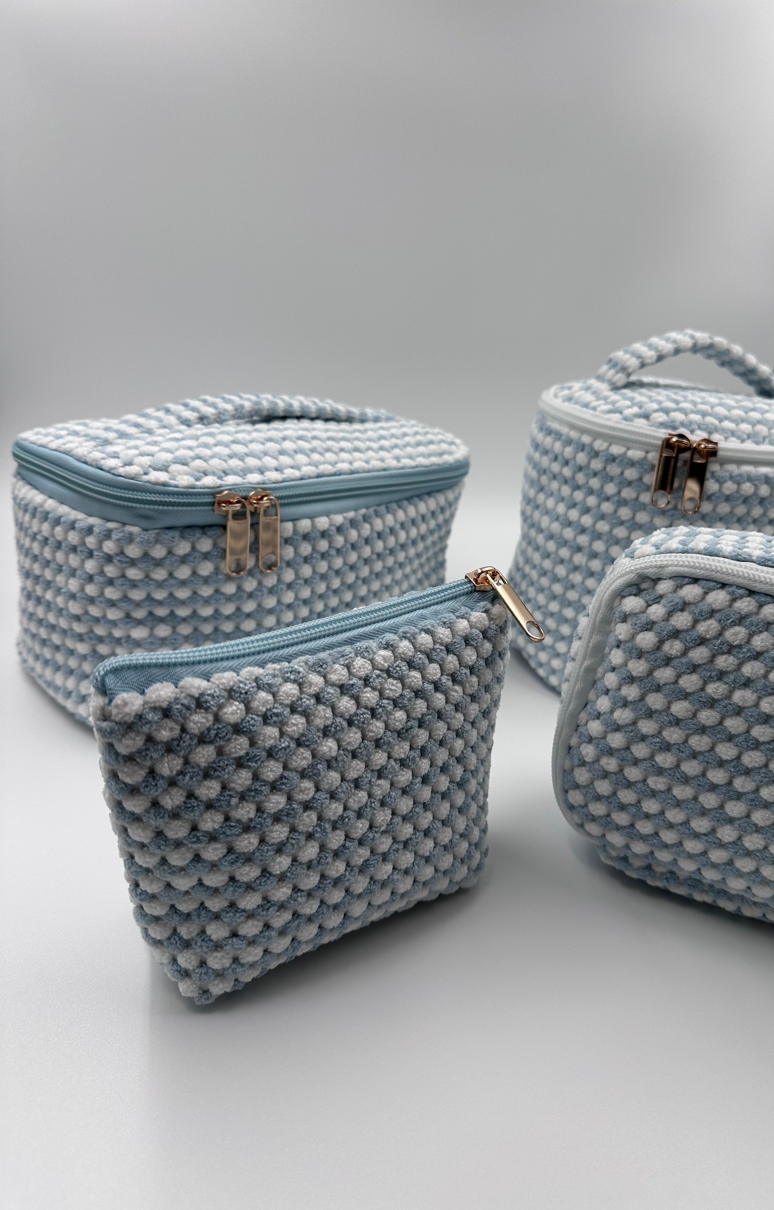 💙🤍 Light Blue & White Makeup Bag Set – 4-Piece Travel Set