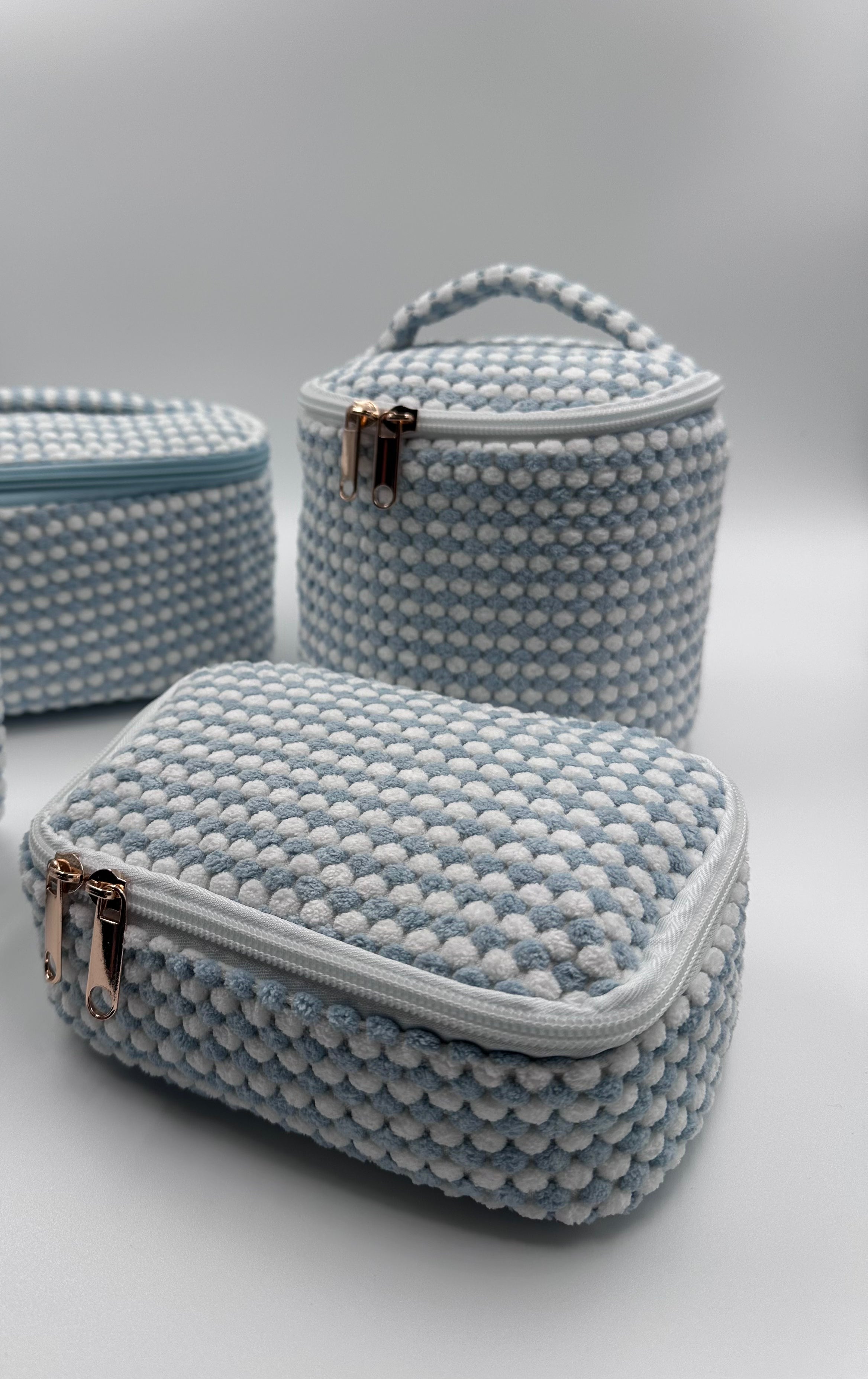 💙🤍 Light Blue & White Makeup Bag Set – 4-Piece Travel Set