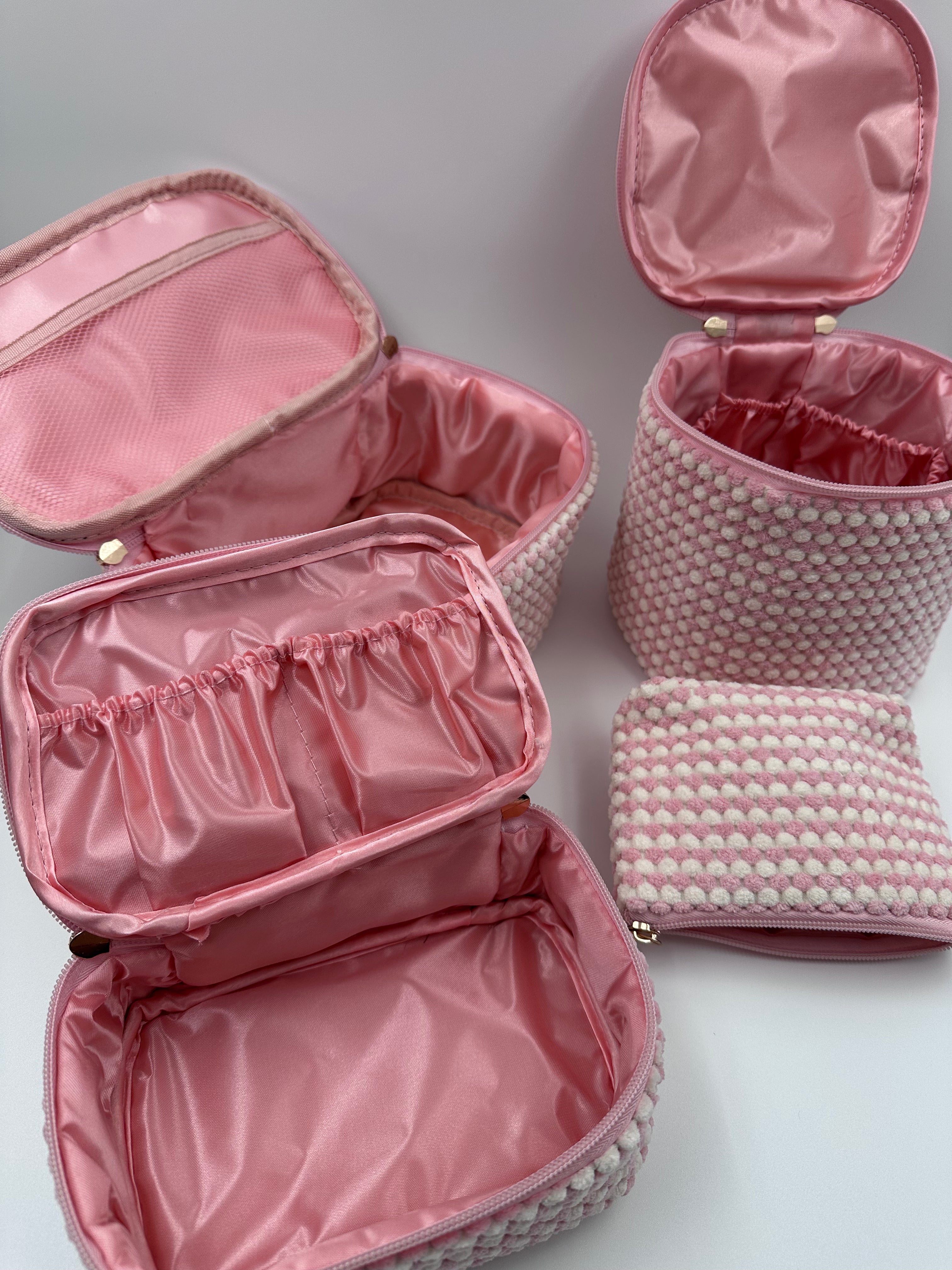 💗🤍 Pink & White Makeup Bag Set – 4-Piece Travel Set